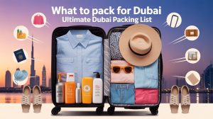 "Illustration depicting essential travel items such as clothing, sunscreen, sunglasses, and a camera, representing items to pack for a trip to Dubai.